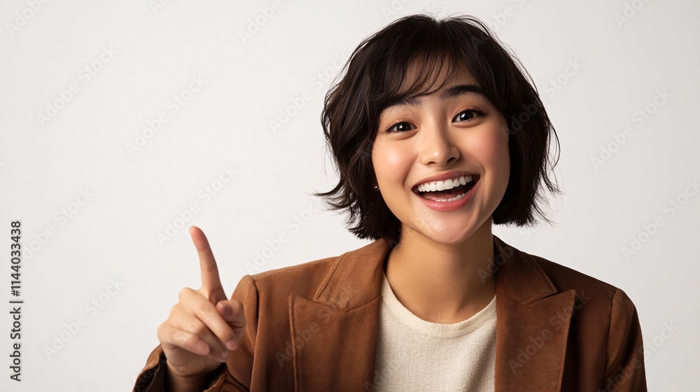 Cheerful young Asian woman in a brown blazer smiling and pointing upwards, showcasing excitement and positivity. Cheerful young Asian woman in a brown blazer smiling and pointing upwards, showcasing excitement and positivity.