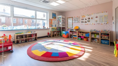 Bright, colorful preschool classroom with toys. Ideal for education, childcare, and learning themes.