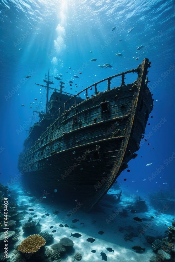 A majestic shipwreck rests on the ocean floor, bathed in a beam of sunlight, with fish swimming around. A majestic shipwreck rests on the ocean floor, bathed in a beam of sunlight, with fish swimming around.