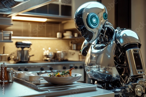 Futuristic Robot Cooking Gourmet Meal in Modern Kitchen Artificial Intelligence Culinary Art photo