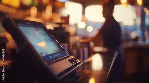Cozy cafe scene with modern payment terminal, warm lighting, and silhouette of a customer. Enjoy the atmosphere of a busy coffee shop with great technology.