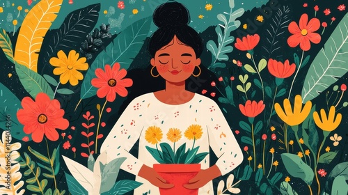 Personal Goals. A woman holding flowers surrounded by vibrant plants and blossoms.