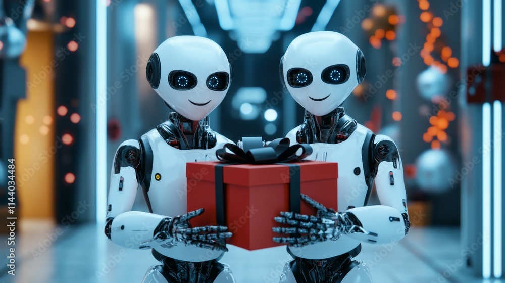 Friendly Robots Celebrating with Gift Exchange in Futuristic Setting Friendly Robots Celebrating with Gift Exchange in Futuristic Setting