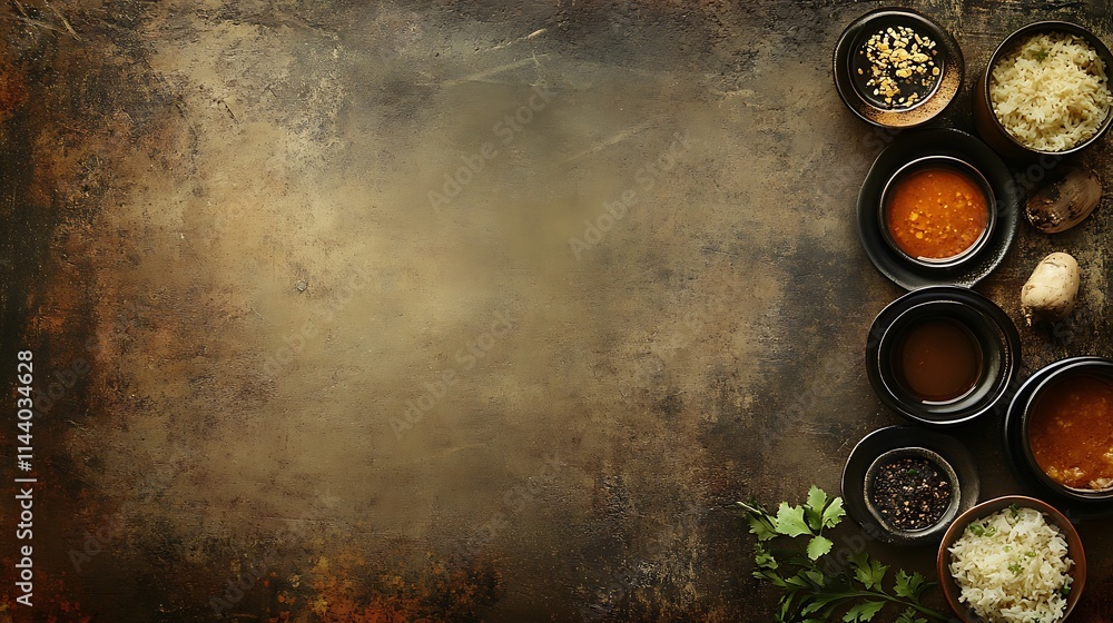 Rustic Spices and Sauces Overhead Shot: A Culinary Still Life. AI Generated Rustic Spices and Sauces Overhead Shot: A Culinary Still Life. AI Generated