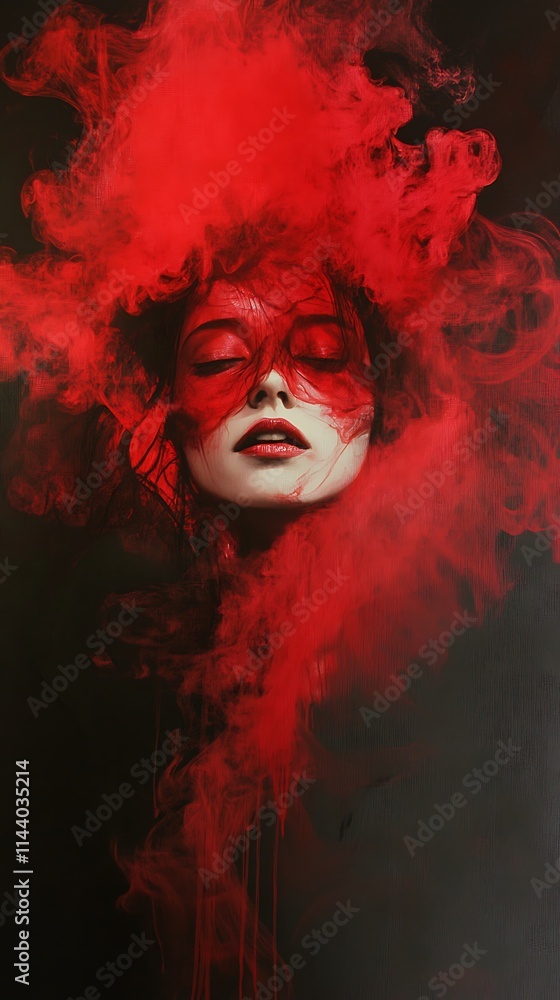 Fototapeta premium Woman emerges dramatically from swirling bright red smoke photo.. AI Generated