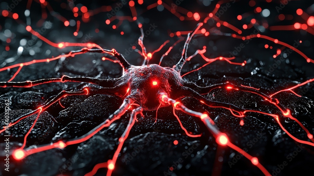 A detailed close-up of a neuron, showcasing glowing red synapses against a dark background, highlighting intricate connections and biological beauty. A detailed close-up of a neuron, showcasing glowing red synapses against a dark background, highlighting intricate connections and biological beauty.