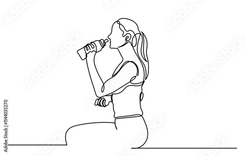 One continuous line drawing of a young woman drinking water from a bottle. line-art sporty Girl drinking water. Healthy life habits of people, health benefit dehydration prevention concept vector.