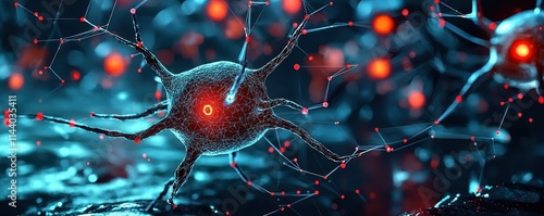 A detailed depiction of neurons with glowing connections, showcasing their intricate structure in a vibrant, scientific setting.