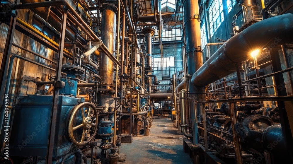 Interior of an old industrial factory with complex machinery, pipes, and metal structures. Interior of an old industrial factory with complex machinery, pipes, and metal structures.