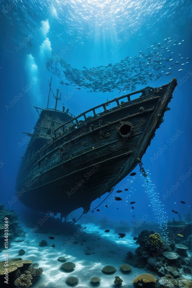 A majestic shipwreck rests on the ocean floor, bathed in a beam of sunlight, with fish swimming around. A majestic shipwreck rests on the ocean floor, bathed in a beam of sunlight, with fish swimming around.