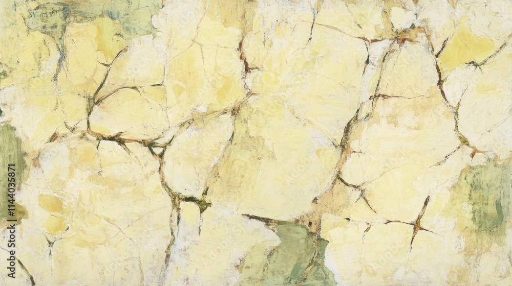 Obraz premium Cracked, sun-baked textures in soft yellow, sandy beige, and muted green tones evoke the natural weathering of dried earth, blending rustic roughness with organic warmth.