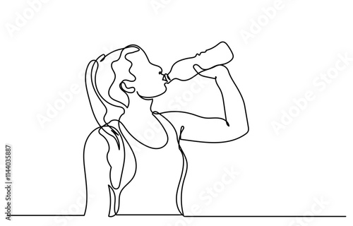One continuous line drawing of a young woman drinking water from a bottle. line-art sporty Girl drinking water. Healthy life habits of people, health benefit dehydration prevention concept vector.