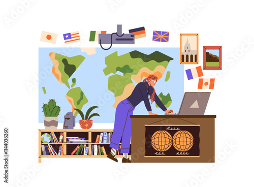 Teacher using laptop while teaching geography lesson. Woman leans on desk, typing on computer. Interior of classroom with geographical map of world globe. Flat isolated vector illustration on white
