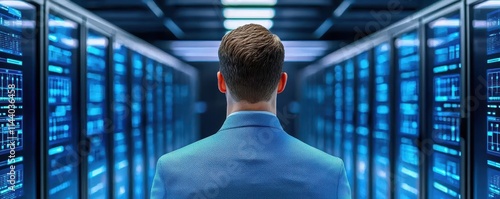 A person stands in a server room, facing rows of illuminated servers, embodying technology and data management in a futuristic environment.