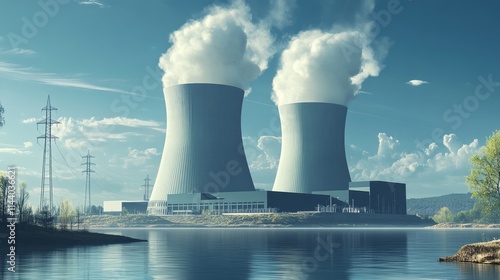 A nuclear power plant with cooling towers located next to water, symbolizing atomic energy. Nuclear energy and its impact on sustainability and the environment.