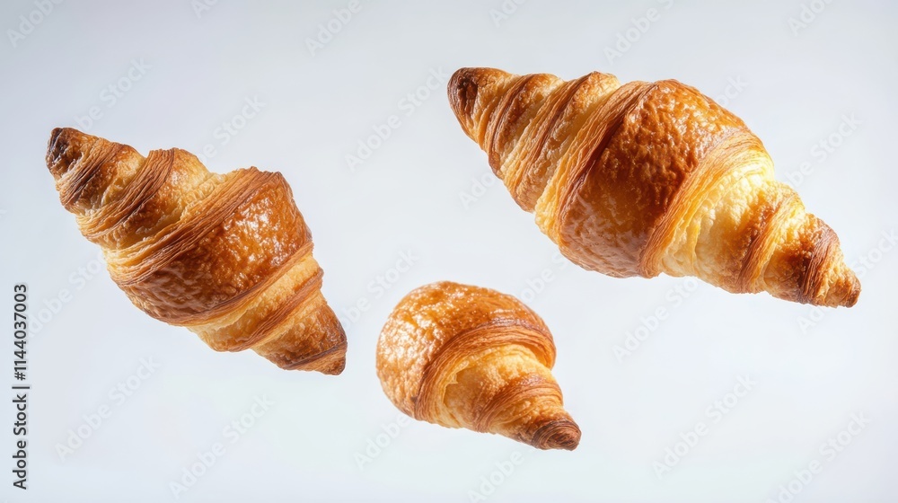 Freshly baked croissants in different sizes. Light golden brown pastry with flaky layers and buttery aroma. Perfect for breakfast or a tasty snack. Freshly baked croissants in different sizes. Light golden brown pastry with flaky layers and buttery aroma. Perfect for breakfast or a tasty snack.