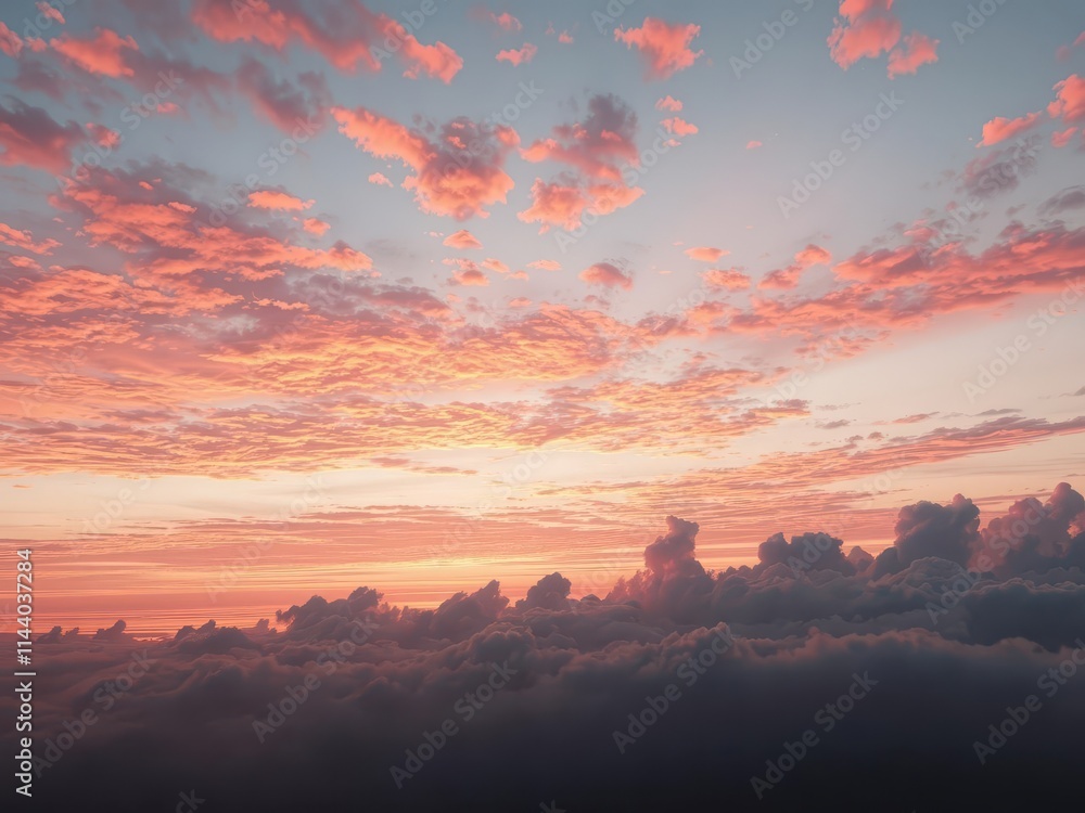 Fototapeta premium Fiery sunset paints the clouds vibrant orange and pink, as twilight descends, rays,purple