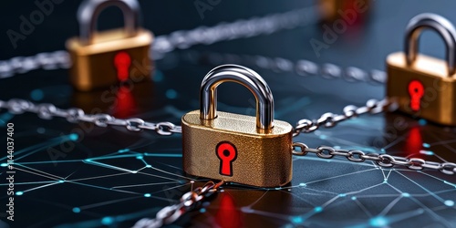 A close-up of padlocks connected by chains on a digital background, symbolizing security and data protection in the digital age.