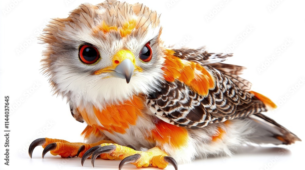 Fototapeta premium Cute baby hawk with vibrant orange and brown feathers, intense red eyes, and sharp talons, isolated on white background.