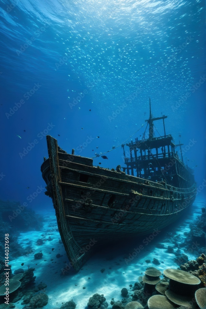 A majestic shipwreck rests on the ocean floor, bathed in a beam of sunlight, with fish swimming around. A majestic shipwreck rests on the ocean floor, bathed in a beam of sunlight, with fish swimming around.