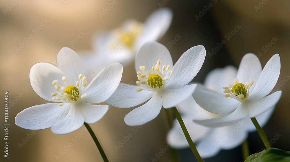 Fototapeta premium Delicate white flowers softly bloom outdoors closeup photo. AI Generated