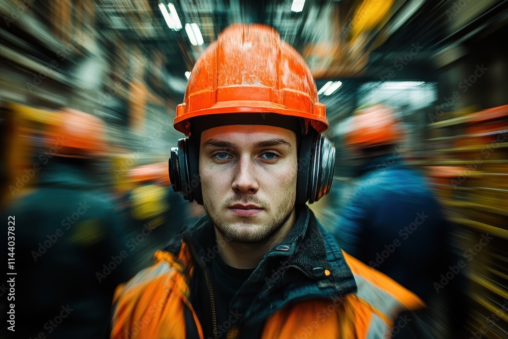 Young male worker in hard hat and earmuffs. Illustrates industrial safety and focus amidst busy work. Young male worker in hard hat and earmuffs. Illustrates industrial safety and focus amidst busy work.