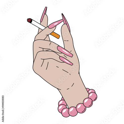 Hand with Pink Nails Holding a Cigarette