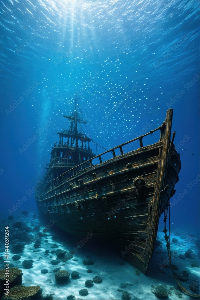 A majestic shipwreck rests on the ocean floor, bathed in a beam of sunlight, with fish swimming around. A majestic shipwreck rests on the ocean floor, bathed in a beam of sunlight, with fish swimming around.