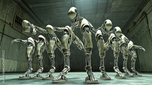 A group of robots are standing in a line, with one of them holding a stick