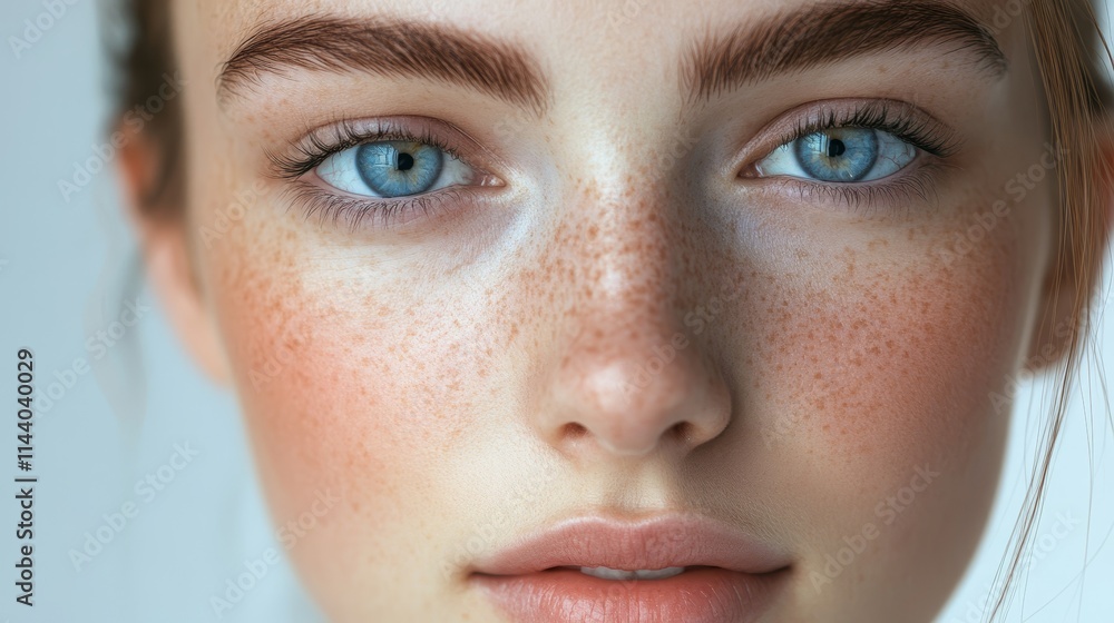 Fototapeta premium Close-up portrait of a young woman with freckles and blue eyes. (2)