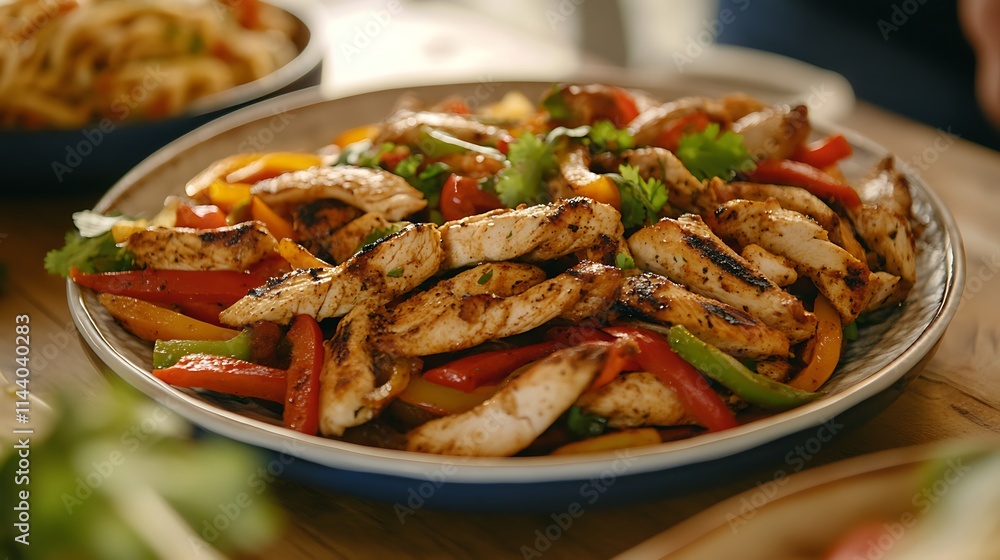 Deliciously grilled chicken with peppers on a plate, close up photo. AI Generated Deliciously grilled chicken with peppers on a plate, close up photo. AI Generated