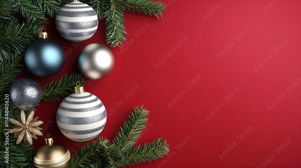 Festive Christmas Ornaments and Fir Branches on Red Background Festive Christmas Ornaments and Fir Branches on Red Background