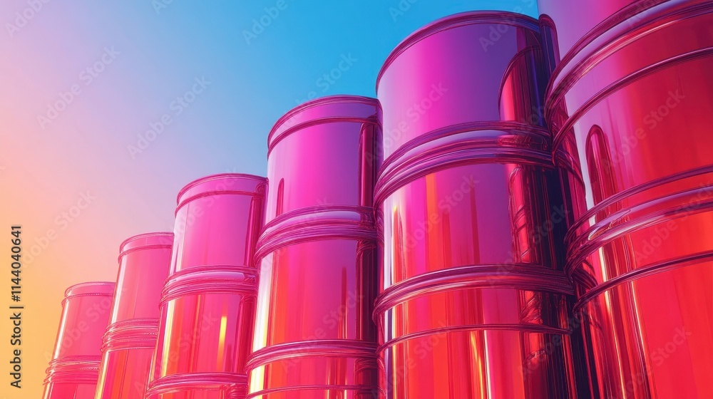 Shiny pink barrels against a vibrant sky. Illustrates concepts of industry, storage, or vibrant energy. Shiny pink barrels against a vibrant sky. Illustrates concepts of industry, storage, or vibrant energy.