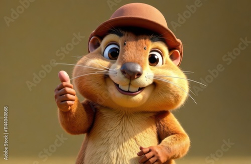 Cute cartoonish smiling groundhog in a hat, showing thumbs up. Grounddhog day celebration concept