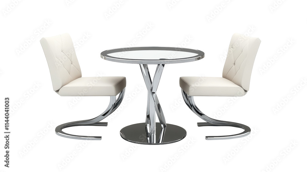Modern dining set featuring a round glass table and elegant white chairs on a transparent background. Modern dining set featuring a round glass table and elegant white chairs on a transparent background.