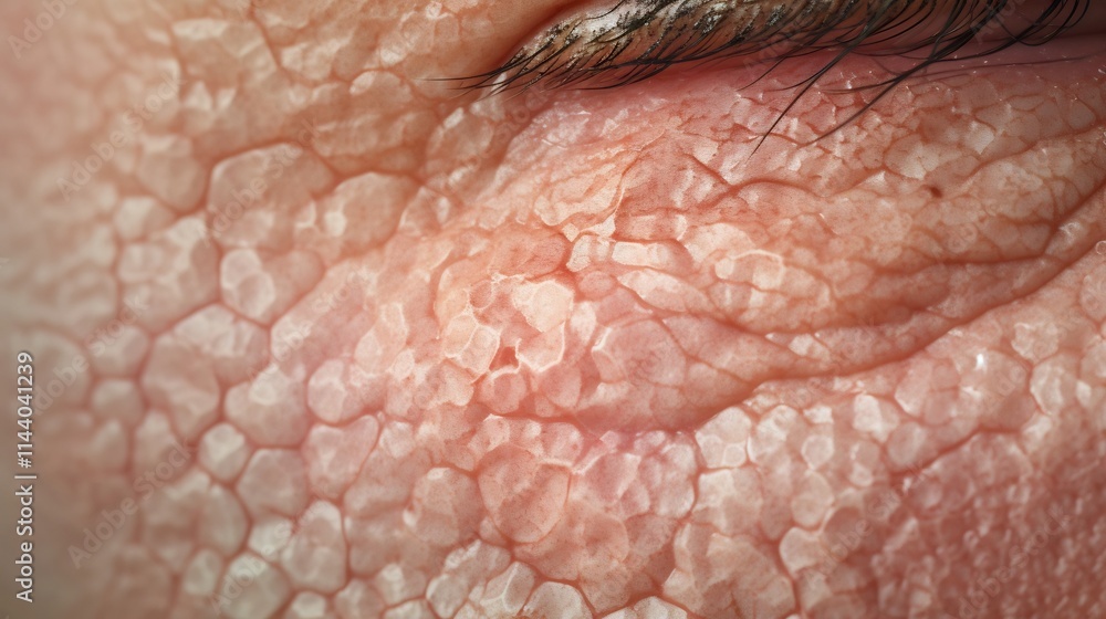 Fototapeta premium Extreme close up high view showcasing the scaly flaky and irritated texture of psoriatic skin on the face This medical skin condition is characterized by the buildup of dry rough