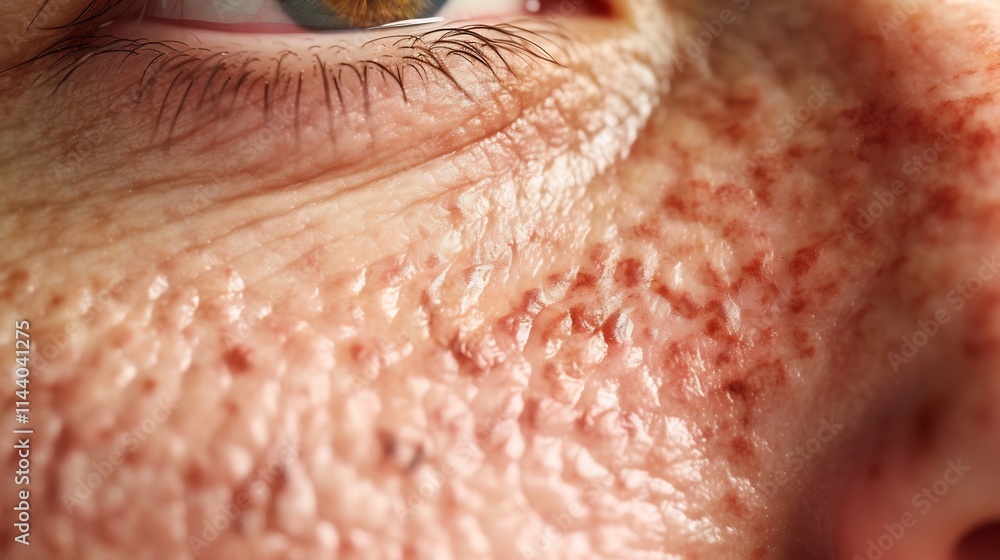 Fototapeta premium Detailed Close up View of Facial Skin Affected by Chronic Psoriasis Condition Showing Flaky Scaly and Reddish Texture Medical Dermatology and Skincare Concept