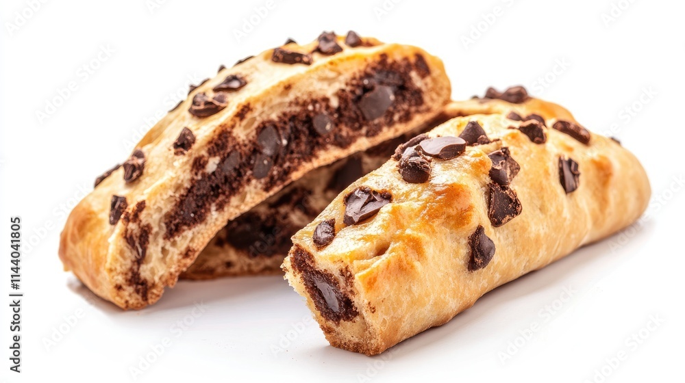 Delicious freshly baked yeast dough pastries filled with cocoa and chocolate chips on a clean white background for various occasions Delicious freshly baked yeast dough pastries filled with cocoa and chocolate chips on a clean white background for various occasions