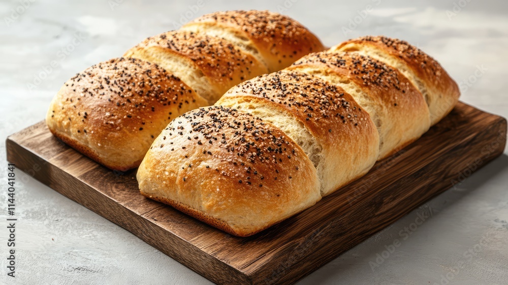 Freshly baked bread loaves on rustic wooden board with sesame toppings and soft light background ideal for culinary or bakery themes Freshly baked bread loaves on rustic wooden board with sesame toppings and soft light background ideal for culinary or bakery themes