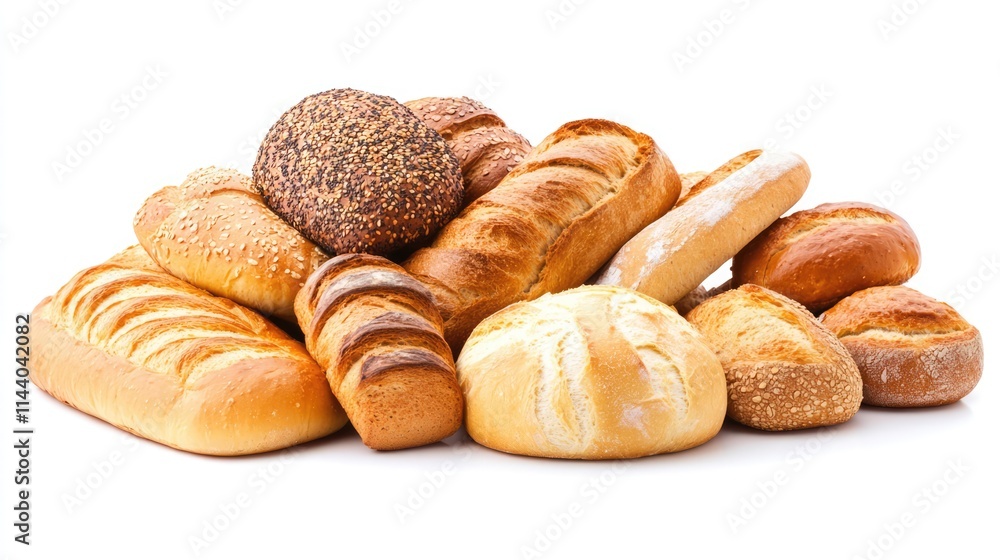 Assorted fresh bread loaves and rolls arranged on a white background showcasing diverse textures and shapes of baked goods