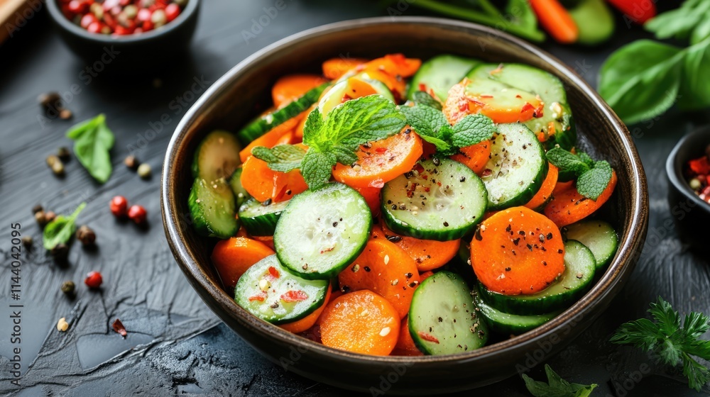 Vibrant carrot and cucumber salad garnished with fresh herbs in a rustic bowl surrounded by colorful spices and ingredients Vibrant carrot and cucumber salad garnished with fresh herbs in a rustic bowl surrounded by colorful spices and ingredients