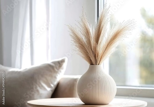 Beige ceramic vase with dried pampas grass on a table against a white wall and window in a living room photo