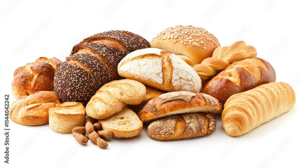 Assorted artisanal breads displayed on a white background showcasing diverse textures and shapes for bakery promotions and culinary concepts Assorted artisanal breads displayed on a white background showcasing diverse textures and shapes for bakery promotions and culinary concepts