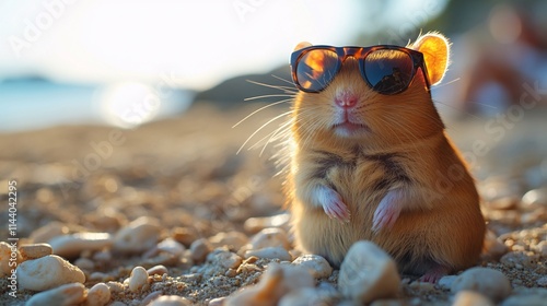 Adorable hamster in sunglasses on a sandy beach, enjoying the sun. Ideal for summer vacation and fun getaway themes.