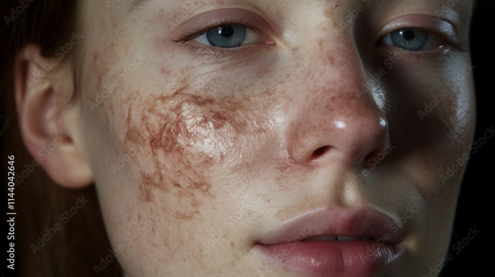 Close up image showcasing the distinctive pigmentation patterns and textural characteristics of melasma a common skin condition that results in uneven darkening or on the cheekbone area Close up image showcasing the distinctive pigmentation patterns and textural characteristics of melasma a common skin condition that results in uneven darkening or on the cheekbone area