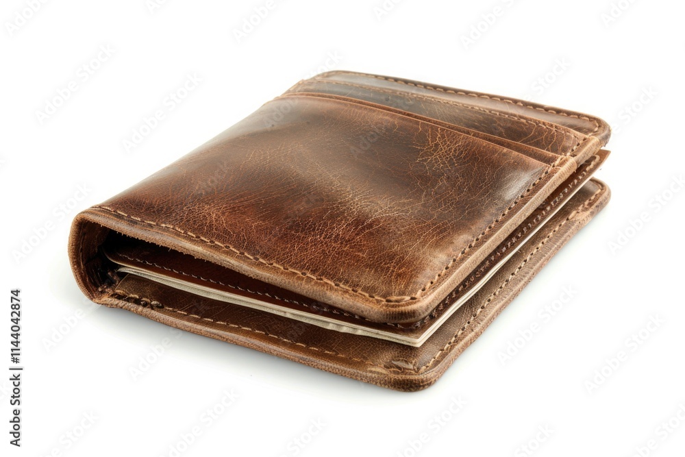 Wallet Money Isolated. Brown Leather Billfold Purse with Cash Currency on White Background Wallet Money Isolated. Brown Leather Billfold Purse with Cash Currency on White Background