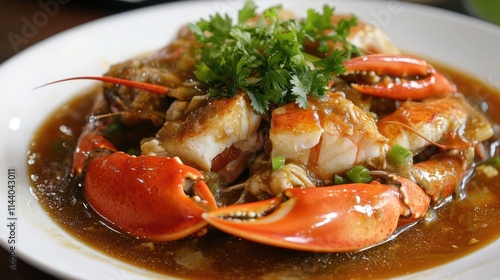 Deliciously Braised Seafood Dish with Fresh Herbs and Succulent Crab Claws Served on a White Plate photo