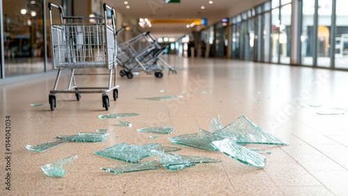 Broken glass on a shopping mall floor near abandoned carts.