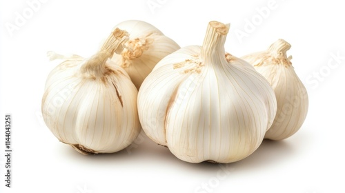 Fresh garlic bulbs arranged on a white background showcasing their natural texture and color for culinary use or health-related themes.