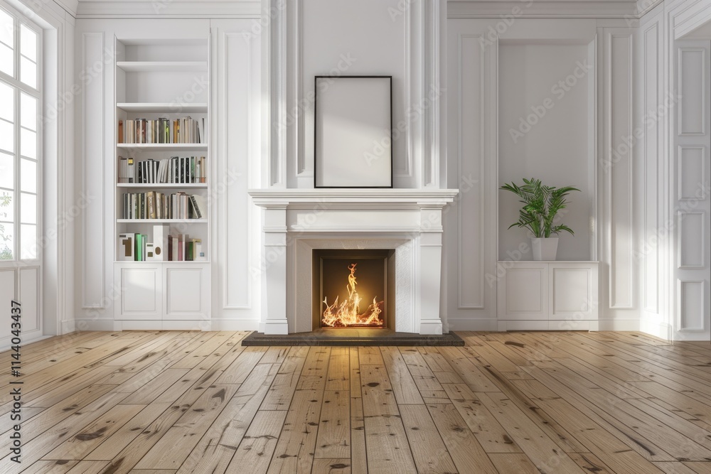White Bookcases Interior with Wooden Floor and Fireplace. Blurred Background Featuring Three-Dimensional Abstract Design White Bookcases Interior with Wooden Floor and Fireplace. Blurred Background Featuring Three-Dimensional Abstract Design